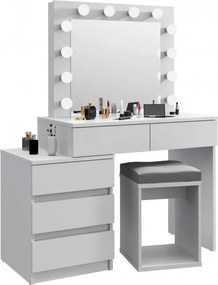 Masuta machiaj cu Oglinda LED si 5 Sertare pentru Cosmetice, Set Masa toaleta 112 cm, Alb, masuta cosmetica, vanity - SEA539