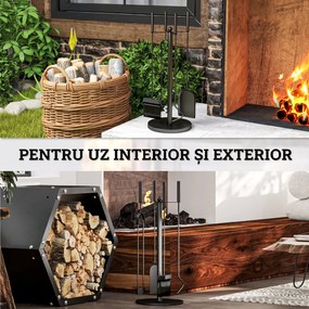 Outsunny Set Accesorii Camino 5 Piese cu Lopată Perie Clești Fier Împins Suport Economisire Spațiu Metal Negru | Aosom Romania