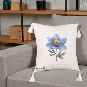 Perna Decorativa Anemona Albastra Botanica, 40x40 cm, Bej cu Franjuri, Husa Detasabila, Perna Inclusa, BEKZ®