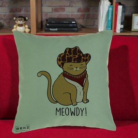 Perna Decorativa Pisica Cowboy Meowdy, 40x40 cm, Verde, Husa Detasabila, Perna Inclusa, BEKZ®