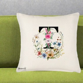 Cadou Personalizat - Perna Personalizata Monogram Litera T cu Flori Acuarela, 40x40 cm, Crem Reliefat, Husa Detasabila, Perna Inclusa, BEKZ®