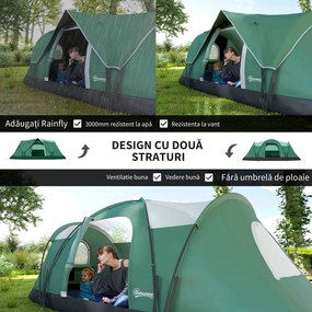 Outsunny Cort de Camping pentru 4 Persoane Impermeabil cu Protecție UV, Ferestre și Stâlpi, 4.55x2.3x1.8 m, Verde | Aosom Romania