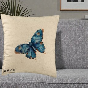 Perna Decorativa Fluture Albastru Satin cu Pete Aurii, 40x40 cm, Bej, Husa Detasabila, Perna Inclusa, BEKZ®