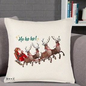 Perna Decorativa Ho Ho Ho Mos Craciun cu Sanie si Reni, 40x40 cm, Crem Reliefat, Husa Detasabila, Perna Inclusa, BEKZ®