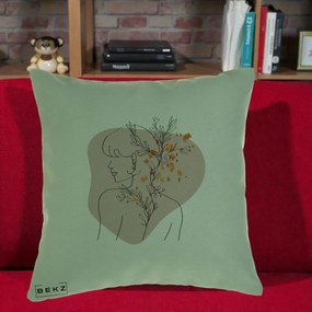 Perna Decorativa Femeie cu Flori Line Art Boho, 40x40 cm, Verde, Husa Detasabila, Perna Inclusa, BEKZ®