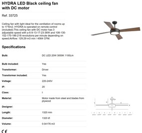 Lustra LED cu Ventilator si telecomanda design modern HYDRA negru / lemn nuc