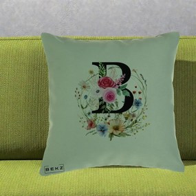 Cadou Personalizat - Perna Personalizata Monogram Litera B cu Flori Acuarela, 40x40 cm, Verde, Husa Detasabila, Perna Inclusa, BEKZ®