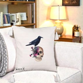 Perna Decorativa Craniu cu Corb si Flori Gothic, 40x40 cm, Bej cu Franjuri, Husa Detasabila, Perna Inclusa, BEKZ®