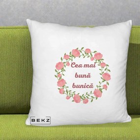Cadou pentru Bunica - Perna Personalizata Cea Mai Buna Bunica Coronita Trandafiri Roz Clasic, 40x40 cm, Alb Pufos, Husa Detasabila, Perna Inclusa, BEKZ®