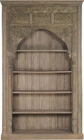 Bibliotecă sculptată din lemn masiv de teak, finisaj natural antichizat, 4 rafturi deschise, piesă unicat, 168×56×272 cm, „Dharma"