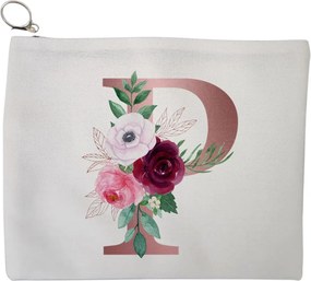 Portfard Cosmetice tip Plic, Cu litera P Rose Gold si Trandafiri, 23x18 cm, Alb, BEKZ®