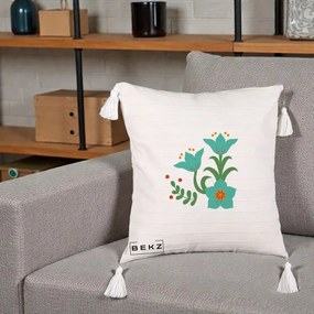 Perna Decorativa Flori Stilizate Folk Turcoaz, 40x40 cm, Bej cu Franjuri, Husa Detasabila, Perna Inclusa, BEKZ®