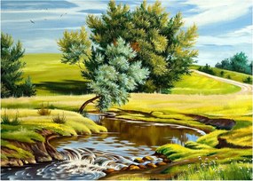 Tablou - Râu între câmpii, pictură în ulei (70x50 cm)
