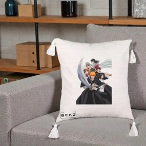 Perna Personalizata Bleach Grup Complet Ichigo si Prietenii, 40x40 cm, Bej cu Franjuri, Husa Detasabila, Perna Inclusa, BEKZ®