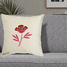 Perna Decorativa Floare Macul Roz-Rosu Grafic, 40x40 cm, Ecru, Husa Detasabila, Perna Inclusa, BEKZ®