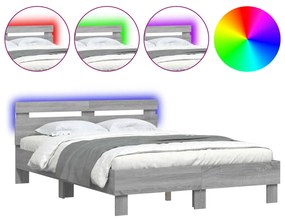 3207572 vidaXL Cadru de pat cu tăblie și LED, gri sonoma, 135x190 cm