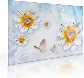 Tablou pe sticlă - Copoziția flori și fluturi (70x50 cm)