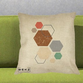 Perna Decorativa Geometric Hexagoane Multicolor, 40x40 cm, Crem, Husa Detasabila, Perna Inclusa, BEKZ®