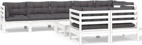 vidaXL Set mobilier grădină cu perne, 9 piese, alb, lemn masiv pin