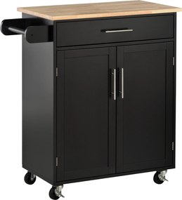 HOMCOM Cărucior de Bucătărie cu Sertar și Dulap cu 2 Uși, Insulă de Bucătărie cu roți și bară laterală, 83x45x91.5 cm, Negru | Aosom Romania