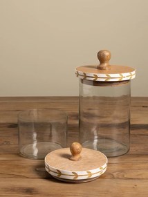 Borcan din sticlă natur cu capac din lemn de mango, model cu frunze stilizate pictat manual, 14 × 12 cm, „Bocage"