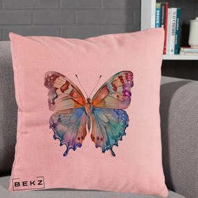 Perna Decorativa Fluture Acuarela Multicolor Portocaliu-Bleu-Mov, 40x40 cm, Roz, Husa Detasabila, Perna Inclusa, BEKZ®