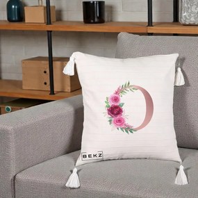 Cadou Personalizat - Perna Personalizata Monograma Rose Gold Litera O, 40x40 cm, Bej cu Franjuri, Husa Detasabila, Perna Inclusa, BEKZ®