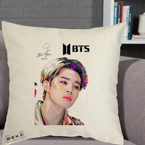 Perna Personalizata K-pop BTS Jimin Portret Artistic Multicolor cu Autograf, 40x40 cm, Ecru, Husa Detasabila, Perna Inclusa, BEKZ®