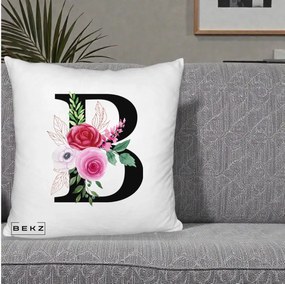 Cadou Personalizat - Perna Personalizata Monograma Florala Litera B, 40x40 cm, Alb Pufos, Husa Detasabila, Perna Inclusa, BEKZ®