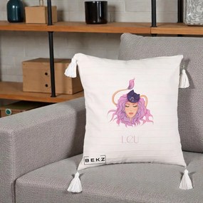 Perna Personalizata Zodie Leu, 40x40 cm, Bej cu Franjuri, Husa Detasabila, Perna Inclusa, BEKZ®