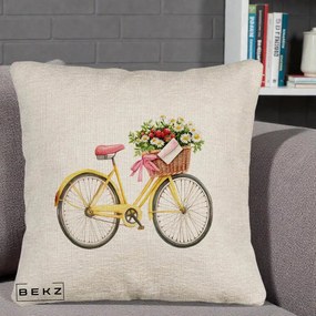 Perna Decorativa Bicicleta Galbena cu Cos de Flori Primavara, 40x40 cm, Bej Canapea, Husa Detasabila, Perna Inclusa, BEKZ®