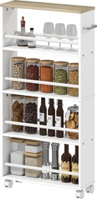 HOMCOM Raft multifuncțional cu roți, construcție îngustă, 4 compartimente, 45x15x91 cm, Lemn natural | Aosom Romania