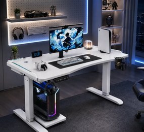 KRYON GT15 – Birou Gaming Electric, 2 Motoare, Reglare 67–112 cm, RGB, Încărcare Wireless, Memorie 3 Poziții, Blat Carbon, 120 kg, 140x60 cm, Alb