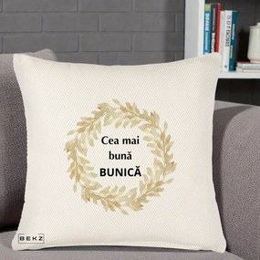 Cadou pentru Bunica - Perna Personalizata Cea Mai Buna Bunica Coronita Frunze Acuarela, 40x40 cm, Crem Reliefat, Husa Detasabila, Perna Inclusa, BEKZ®