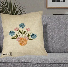 Perna Decorativa Buchet Primavara Acuarela, 40x40 cm, Crem, Husa Detasabila, Perna Inclusa, BEKZ®