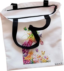 Sacosa de Panza pentru Cumparaturi, Geanta Tote, model Colorful Giraffe, Cu fermoar, 38x34.5 cm, Alba, BEKZ®