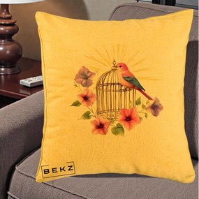 Perna Decorativa Pasare Roz pe Colivie Aurie cu Flori, 40x40 cm, Galben, Husa Detasabila, Perna Inclusa, BEKZ®