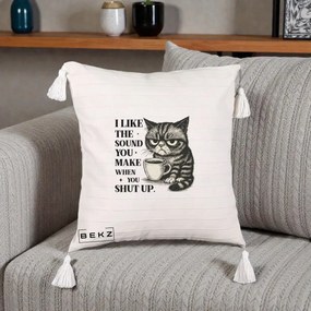 Perna Decorativa I Like the Sound You Make Pisica, 40x40 cm, Bej cu Franjuri, Husa Detasabila, Perna Inclusa, BEKZ®