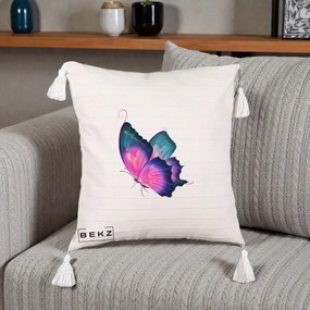 Perna Decorativa Fluture Neon, 40x40 cm, Bej cu Franjuri, Husa Detasabila, Perna Inclusa, BEKZ®