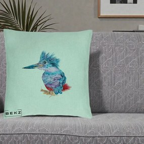 Perna Decorativa Pasare Martin Pescar Acuarela Albastru-Mov, 40x40 cm, Verde Menta, Husa Detasabila, Perna Inclusa, BEKZ®