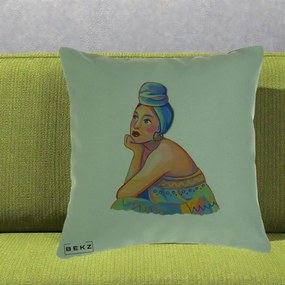 Perna Decorativa Portret Femeie Contemplativa, 40x40 cm, Verde, Husa Detasabila, Perna Inclusa, BEKZ®