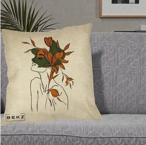 Perna Decorativa Portret Feminin Crin Auriu, 40x40 cm, Crem, Husa Detasabila, Perna Inclusa, BEKZ®