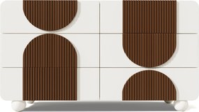 Comodă cu 6 sertare, cu șipci din lemn de culoare ciocolată și picioare sferice din lemn masiv, albe, 121x41x71 cm, Alb