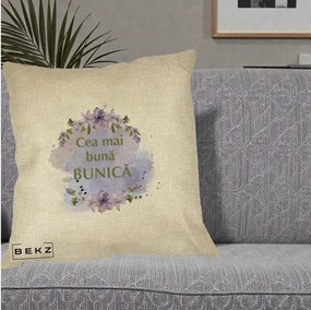 Cadou pentru Bunica - Perna Personalizata Cea Mai Buna Bunica Flori Mov Acuarela Auriu, 40x40 cm, Crem, Husa Detasabila, Perna Inclusa, BEKZ®
