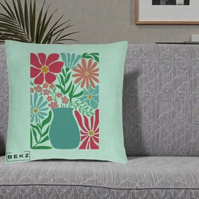 Perna Decorativa Flori in Vaza Turcoaz, 40x40 cm, Verde Menta, Husa Detasabila, Perna Inclusa, BEKZ®