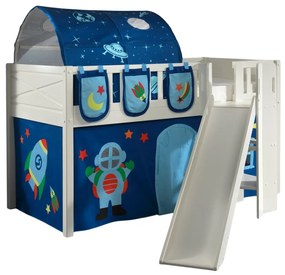 Set SCOTT este format din Pat copiiul loft cu tobogan, cortina de joacă ASTRO, tunel și 3 buzunare de depozitare.