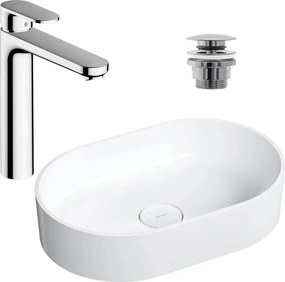 Pachet lavoar pe blat Omnires Ovo M+ alb 55 cm, baterie lavoar Hansgrohe Vernis Blend crom si ventil lavoar Click-Clack crom