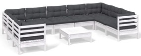 3097326 vidaXL Set mobilier de grădină cu perne, 10 piese, alb, lemn masiv pin
