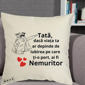 Cadou pentru Tata - Perna Personalizata Tata Nemuritor Supererou cu Masca, 40x40 cm, Ecru, Husa Detasabila, Perna Inclusa, BEKZ®