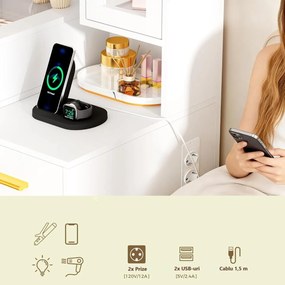 Set Masa toaleta alba 160 cm, cu Priza si USB, cosmetica, machiaj, oglinda cu LED, masuta vanity cu Blat de Sticla, make-up - SEA437